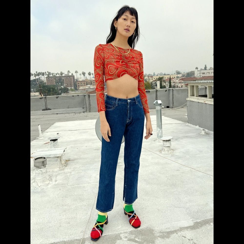 NEW Lisa Says Gah Elenor Ruched Centre Wild Hearts Long Sleeve Mesh Crop Top - Picture 3 of 10